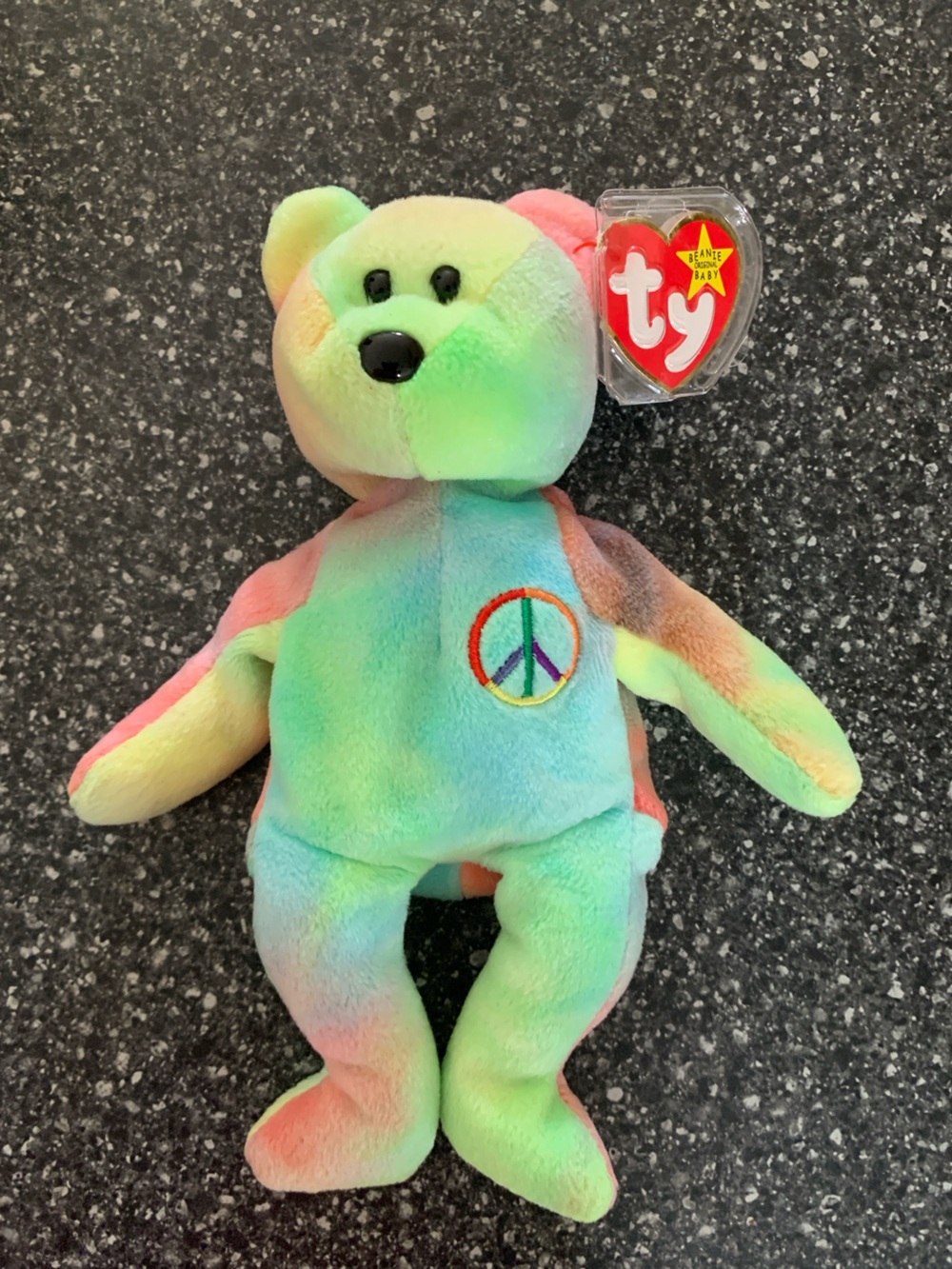 Ty Pastel Rainbow Peace Bear Plush - Green Pink Blue